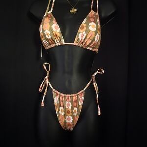 Zara Retro Floral Tie-Side Bikini in Pink, Brown & White